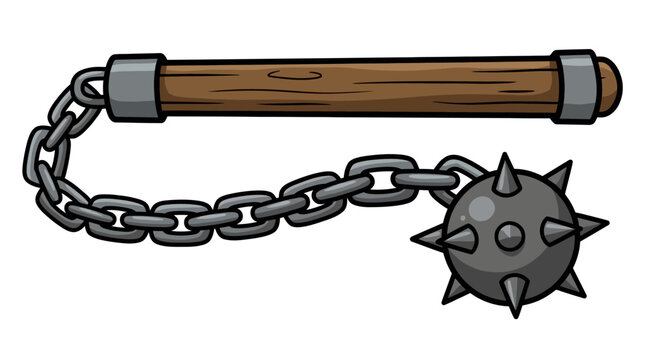 Cartoon Illustration of a Medieval Spiked Flail Weapon.