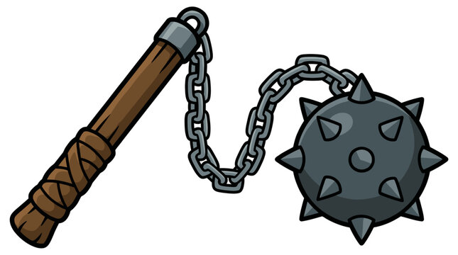 Cartoon illustration of a medieval flail weapon with a spiked iron ball.