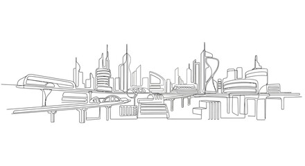 Fototapeta premium Continuous single line drawing of modern urban city skyline.