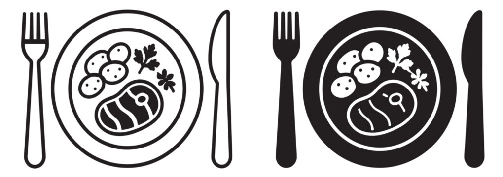 restaurant food plate with steak and potatoes, fork and knife cutlery icon set isolated on transparent background