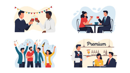 Fototapeta premium Illustrative collection of social gatherings and celebrations, featuring friends toasting, a couple on a date, a lively party, and a bartender serving drinks.