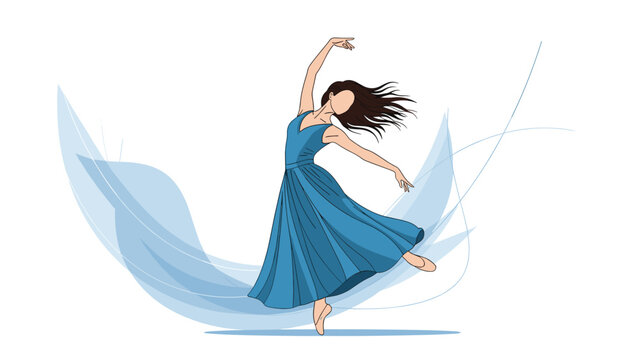 Graceful woman with flowing hair dancing elegantly in a beautiful blue dress, creating a sense of movement and artistic expression with draped fabric.