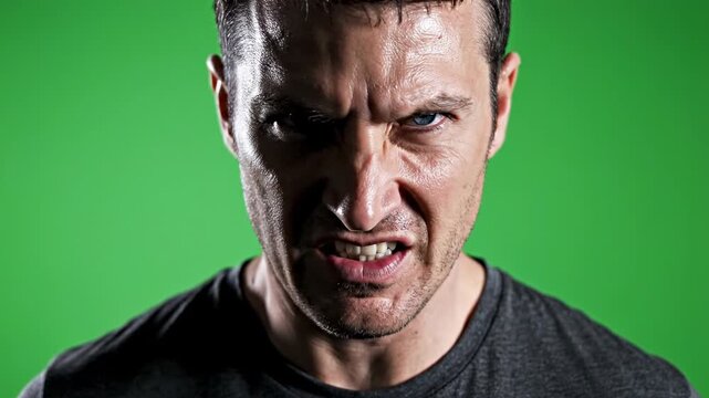 Intense angry man with gritted teeth on green screen backdrop displaying fury and emotional upset showing signs of aggression
