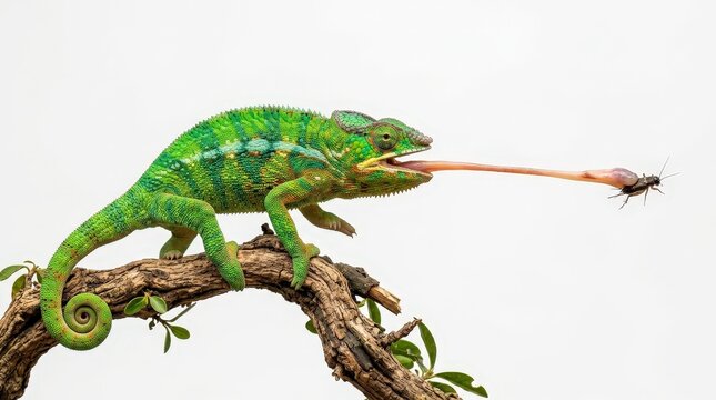 Colorful Chameleon Extending Tongue to Catch Insect on a Branch in Natural Environment