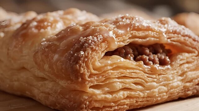 Close-up of a delicious flaky pastry filled with nuts and dusted with powdered sugar.