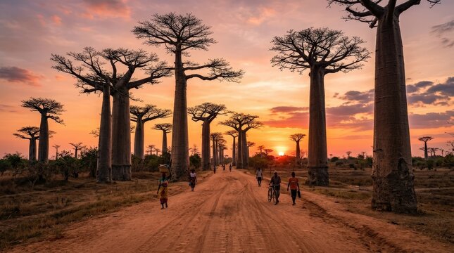 Majestic Baobab Trees Under Stunning Sunset in Madagascar Landscape