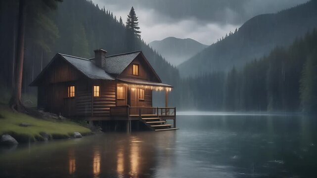 Cozy wooden log cabin by a tranquil mountain lake during a heavy rain at night with warm lights glowing from windows and a wooden porch