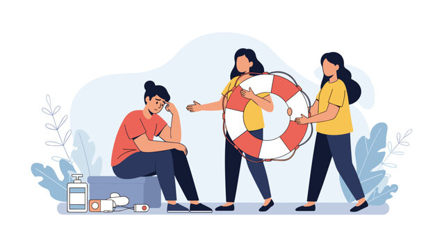 Two empathetic women offering a lifebuoy to a sad, struggling woman surrounded by pills, symbolizing support, mental health, and help.
