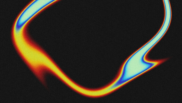 Abstract fluid loop background with gradient color flow (red, yellow, blue, green) on a black grainy texture. Features a distorted infinity curve with glitchy thermal/noise effect.