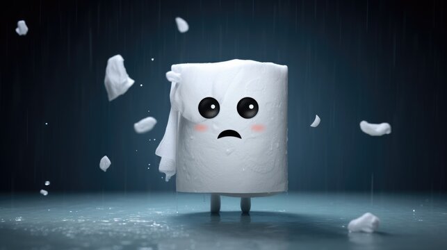 cute sad toilet paper roll stand in rain
