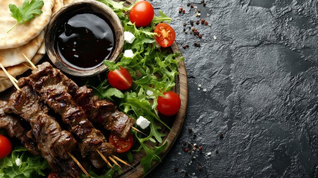 Traditional Greek gyros with meat, vegetables, and sauce set against a black backdrop