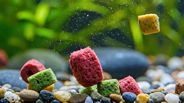 Colorful Fish Food Pellets Floating Underwater in Aquarium.