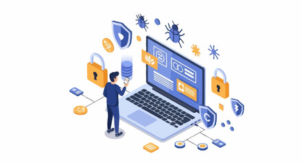 Cybersecurity concept with man protecting laptop from digital threats. © Anak