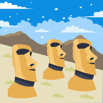 Moai heads at Ahu Tongariki, Easter Island, Chile, vector illustration 