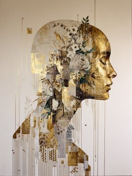 A portrait with pastel shades and defined lines shows a woman whose face is hidden by blossoms