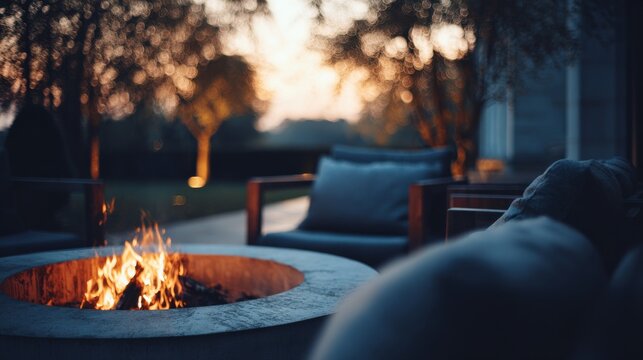 Enjoying a calm evening at the backyard fire pit during sunset, with patio furniture and trees in the background