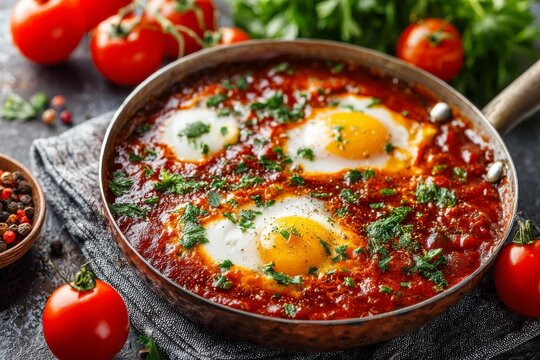 On a black surface, a colorful pan contains eggs and vegetables, with fresh ingredients close at hand during the day