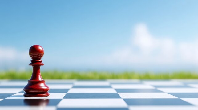Red chess piece positioned on classic chessboard solitary red chess piece occupies square of chessboard