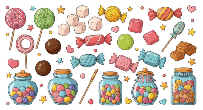 A vibrant collection of assorted candies, lollipops, and sweets displayed in jars and scattered across a white background, evoking a sense of childhood joy and sugary delight.
