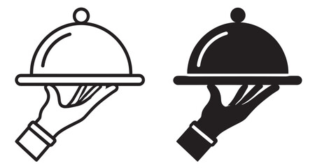 Fototapeta premium waiter hand holding tray with cloche, restaurant food serving icon isolated on transparent background