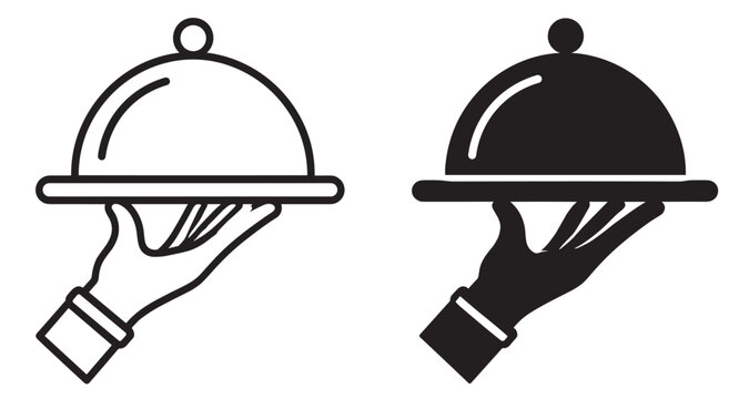 waiter hand holding tray with cloche, restaurant food serving icon isolated on transparent background