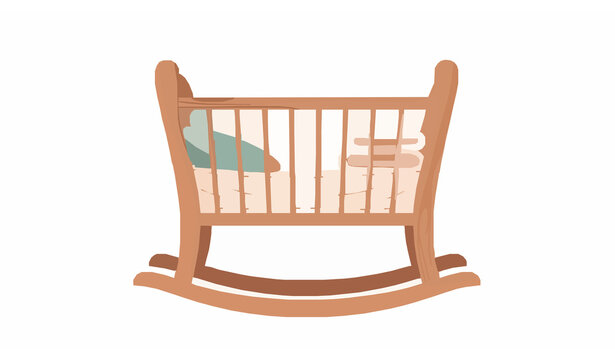 Wooden baby cradle rocking bassinet with soft mattress and cozy blanket nursery flat vector illustration isolated on white