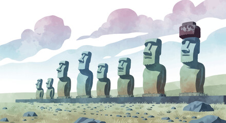 Easter Island Moai Statues Landscape Illustration © Nadeesha