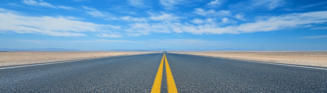 Long straight road with yellow stretches to horizon empty highway extends forward yellow marking division