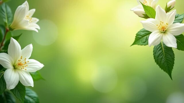 Delicate white jasmine flowers vine frame, soft green bokeh garden background, spring botanical border mockup template