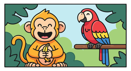 Fototapeta premium Cute cartoon monkey with banana and colorful parrot sitting on branch in a tropical forest