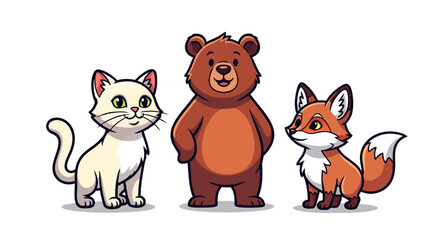 Fototapeta premium Cute cartoon animals a white cat, a brown bear, and a fox illustration