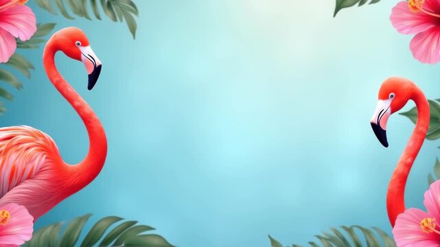 Pink flamingo and tropical hibiscus flower border frame, soft blue bokeh background, summer exotic concept