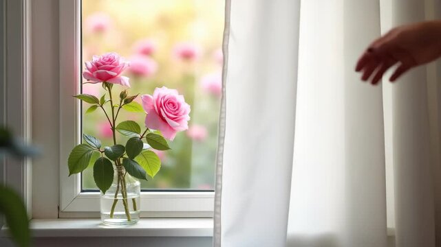Spring mockup with open window view blooming rose garden and white curtain blowing in breeze on sill, romantic lifestyle