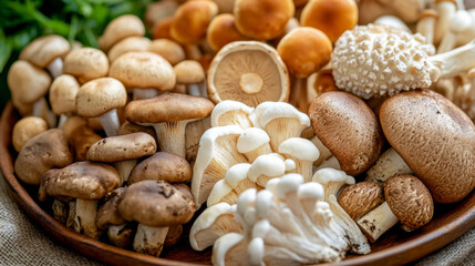 Obraz premium Assorted Fresh Mushrooms in a Woven Basket on Wooden Table