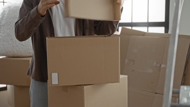 Man packing multiple cardboard boxes with hands, lifting, stacking and opening a box by large windows in a building; calm transition.