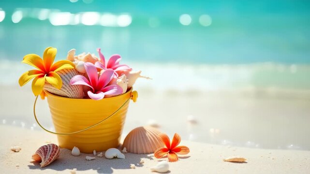 Summer background with colorful beach bucket filled with seashells and tropical flowers on white sand, beach lifestyle 