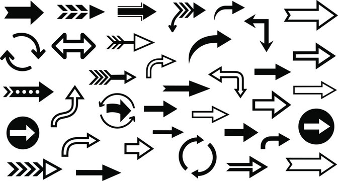 Arrow icons collection, directional symbols, curved and straight arrows, outlined and solid styles, navigation elements, graphic design set, flat vector illustration