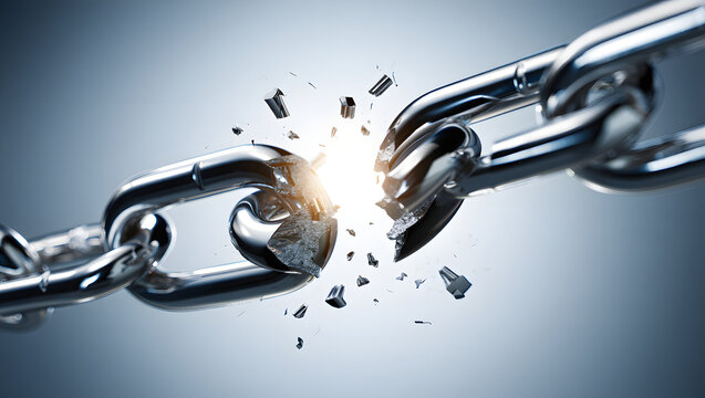 Broken metal chain link with debris and glowing light effect 