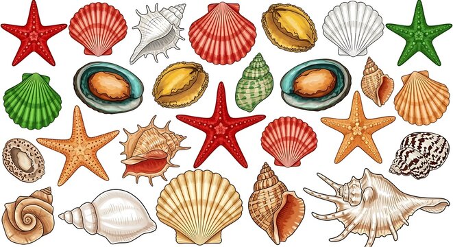 A diverse set of seashells and starfish rests on the summer beach sand, featuring a collection of marine life like scallops and snails from the ocean