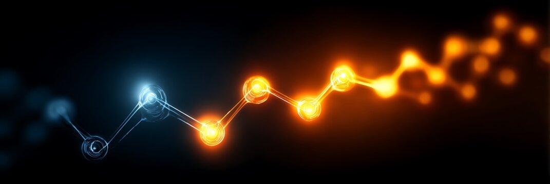 Abstract digital growth chart showing a transition from blue to orange glowing nodes representing business success financial progress and data connectivity
