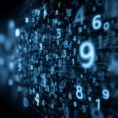 Obraz premium Abstract Digital Background Featuring Glowing Blue Numbers Floating in Deep Space Representing Big Data Analytics Artificial Intelligence and Cyber Security