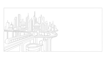 Naklejka premium Minimalist hand drawn line art sketch of a modern cityscape with highway infrastructure.