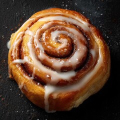 Fototapeta premium Overhead macro shot of cinnamon roll with white icing dripping on dark background