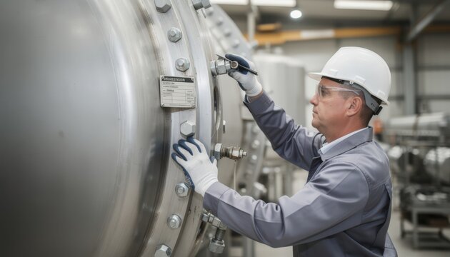 Closeup of final inspection as employees attach identification plates and components to a vertical boiler emphasizing quality control processes.