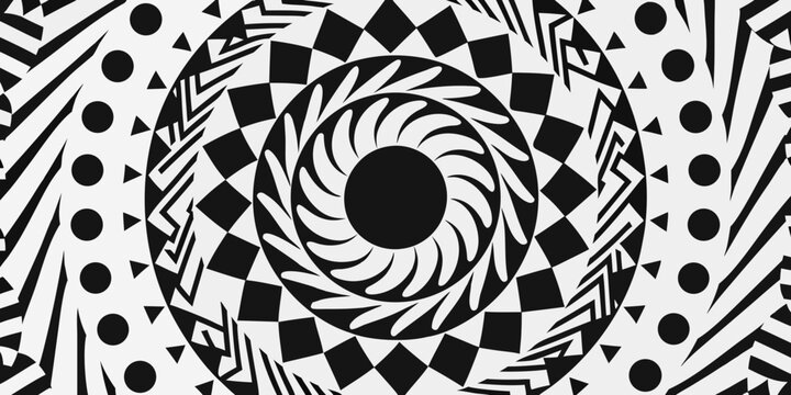 Optical illusion featuring swirling black and white geometric patterns