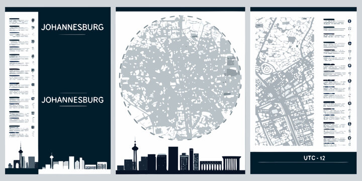 Johannesburg city map triptych with skyline and urban details