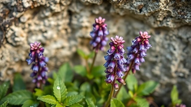 Purple hyssop flowers growing from limestone cracks with morning dew.