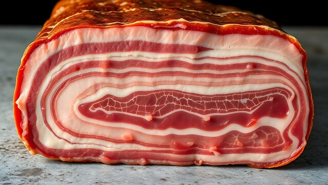 Cross-section of cured meat resembling natural sedimentary rock layers.