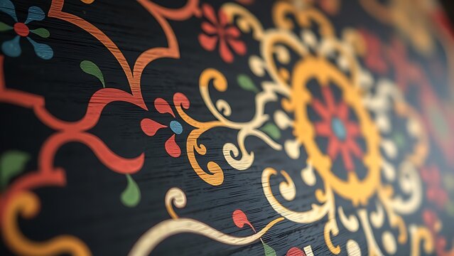 Intricate geometric patterns with arabesque motifs in traditional colors on wood.