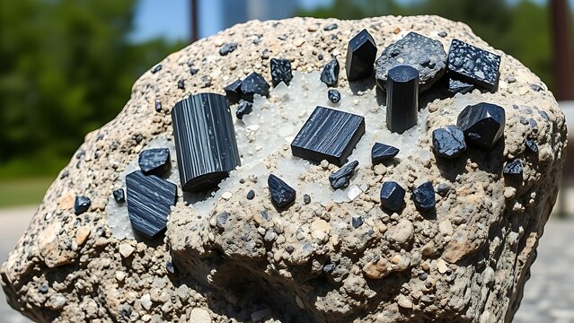 Granite pegmatite specimen with black tourmaline and white feldspar crystals.